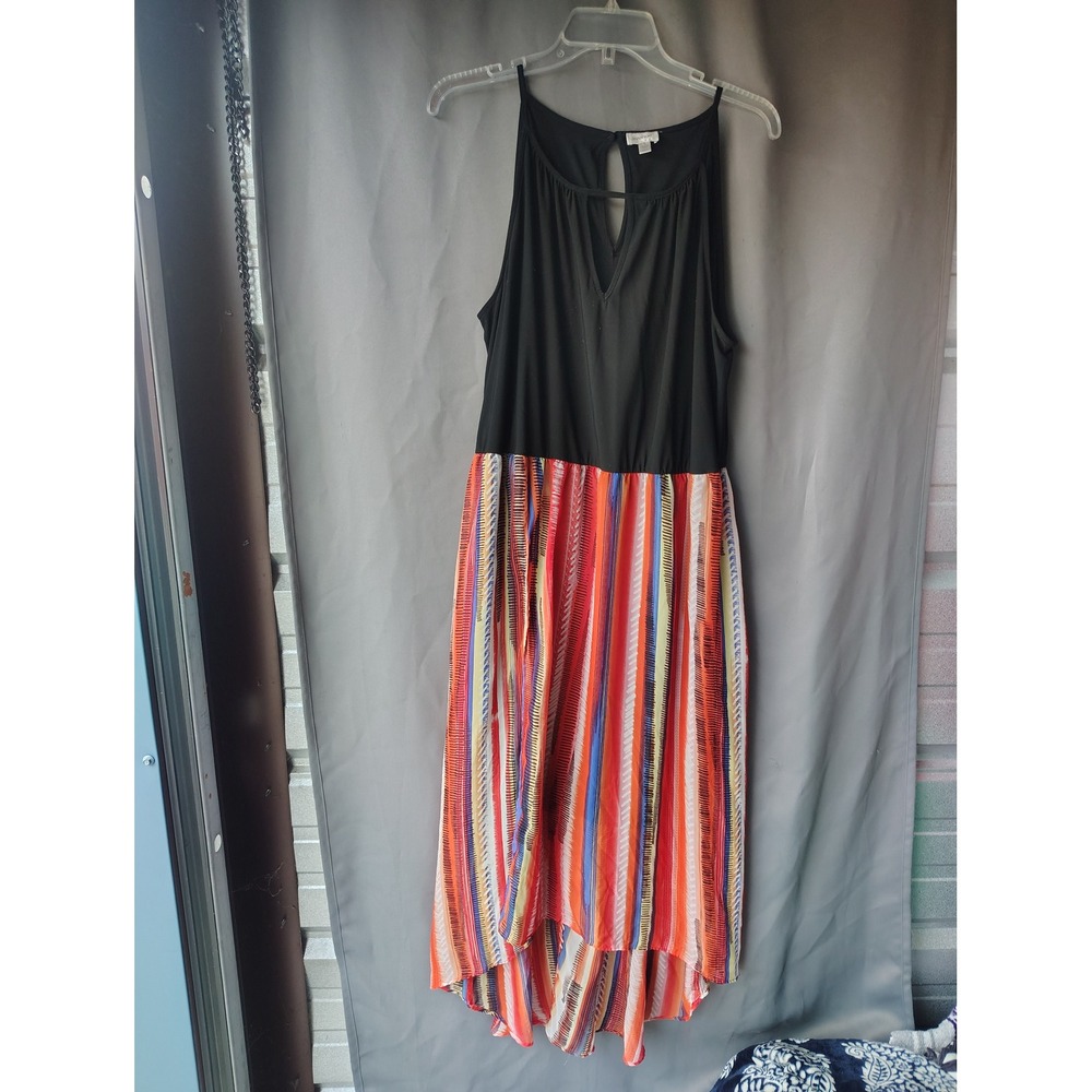 Avenue Womens Plus Size 18/20 High Low Midi Dress Black‎ Striped Halter Keyhole